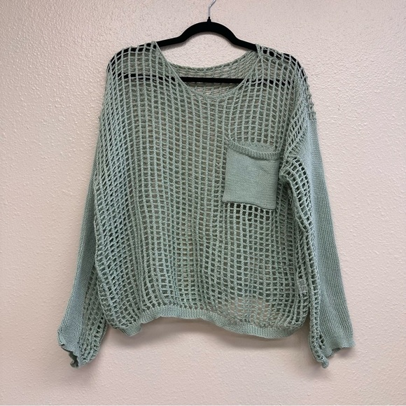 Hollowed Out Round Neck Sweater with Pocket and Drop Shoulder in Green Size XL - Picture 3 of 7